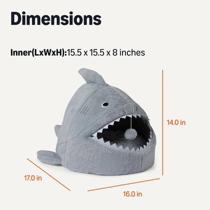 Shark Shape Cat House for Indoor Cats, Enclosed Design Helps Reduce Anxiety in Nervous Pets, with Washable Cushioned Pillow, 17" X 16" X 14", Grey