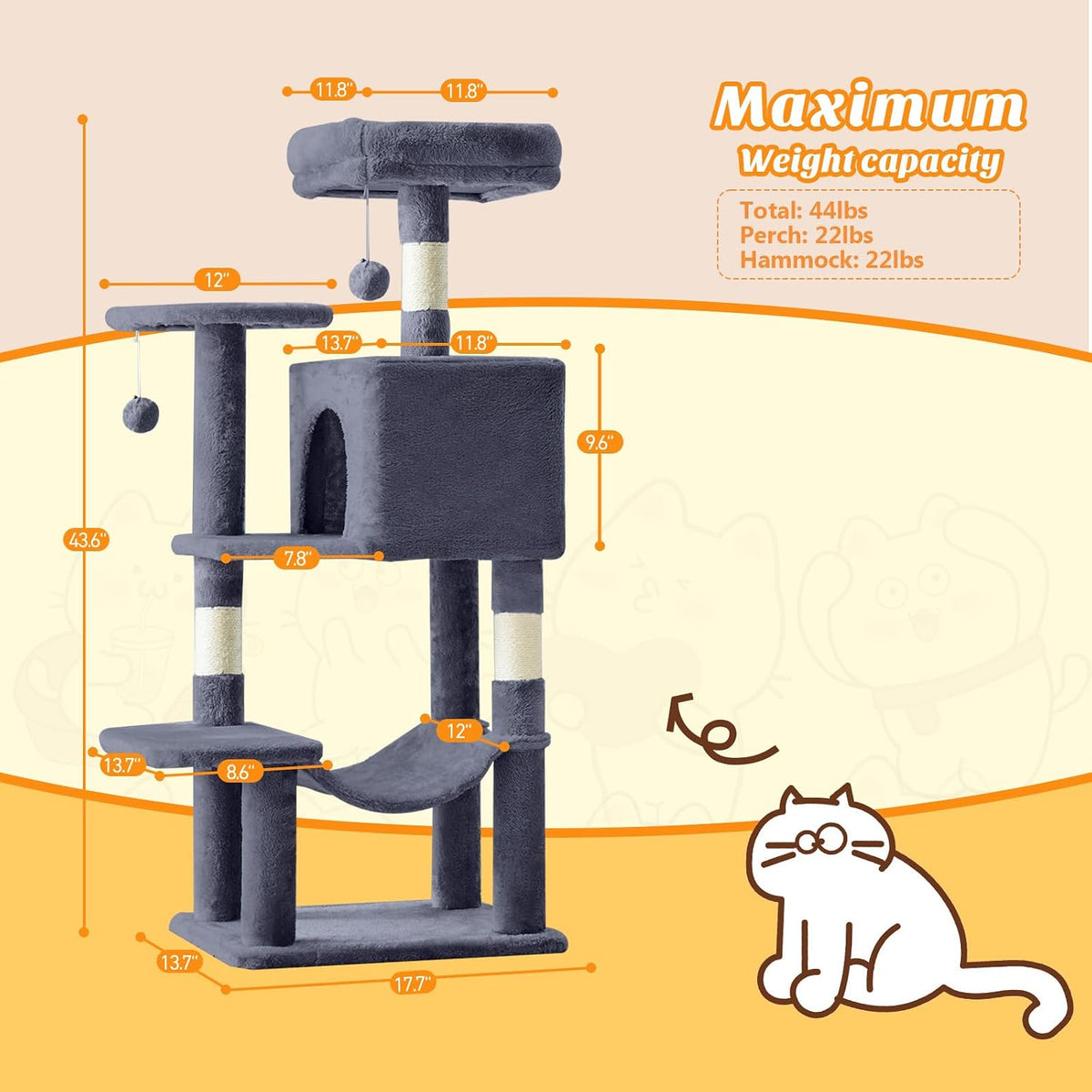 44 Inch Cat Tree Tower for Indoor Cats and Kittens
