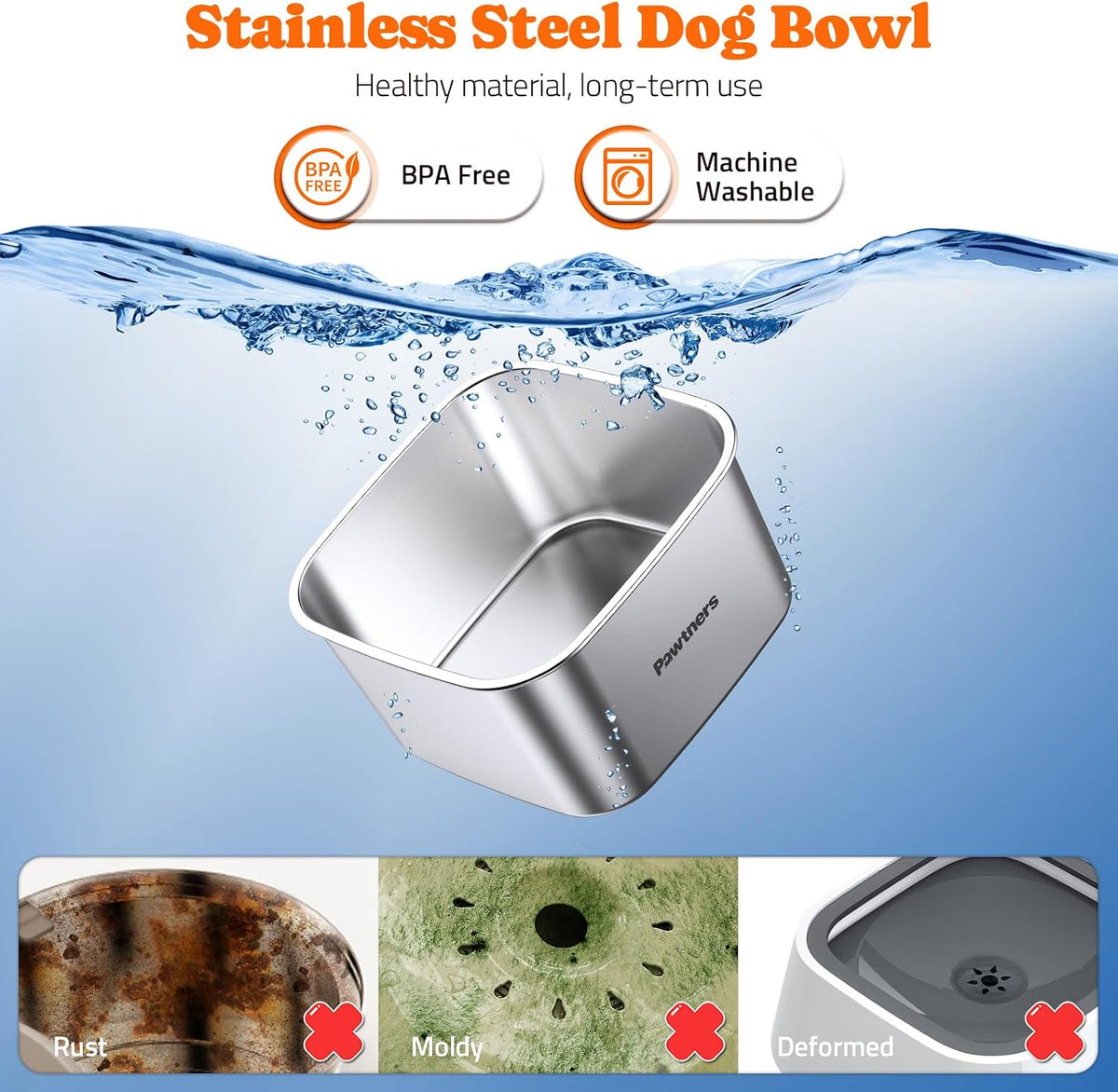 Stainless Steel Dog Water Bowl No Spill, 152Oz/4.5L, Grey