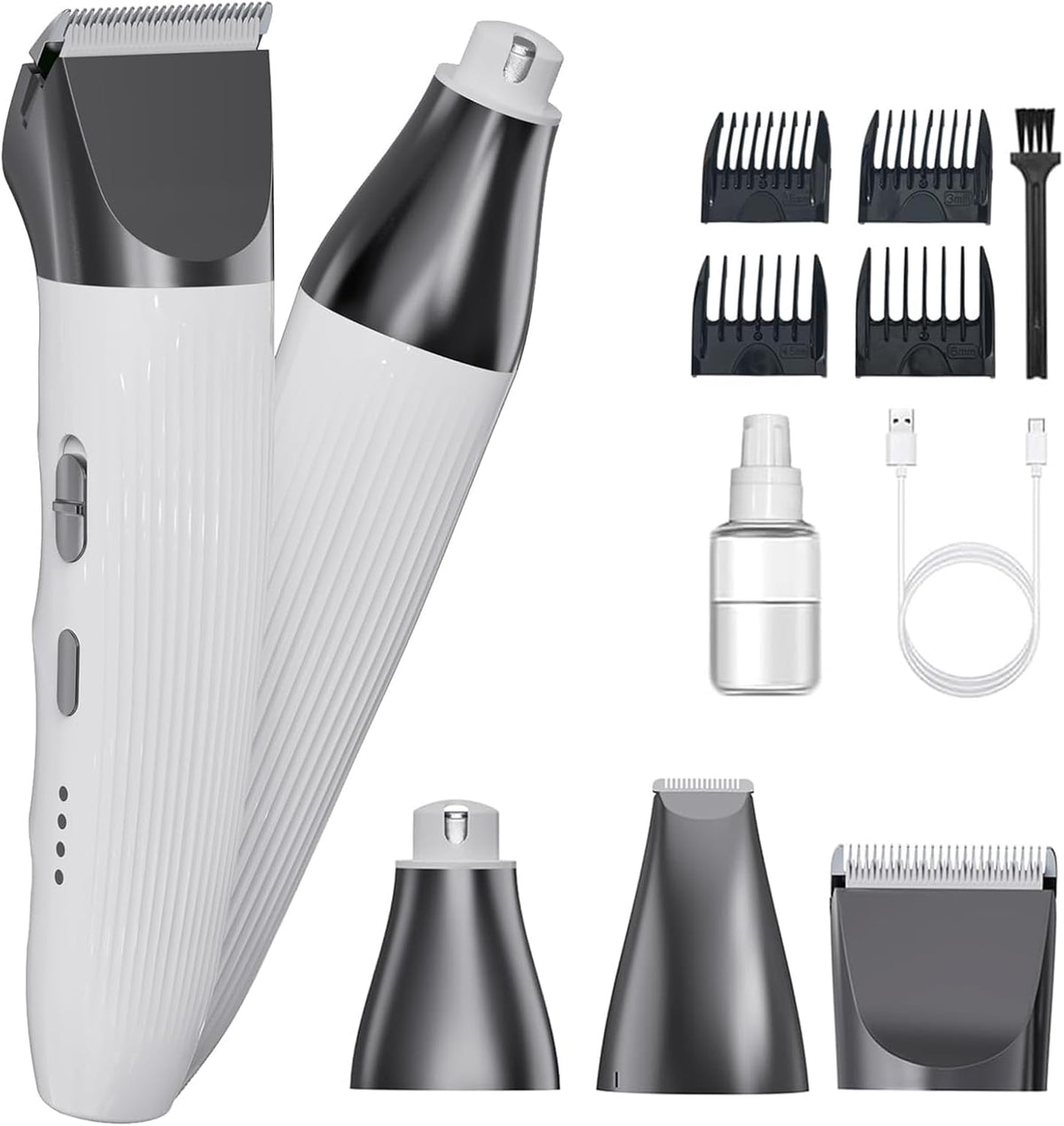 3-In-1Dog Hair Clippers Grooming Kit with Paw Trimmer- Rechargeable Cordless Quiet Nail Grinder Shaver with 4 Guide Combs for Grooming Small Medium Pets on Body,Paws, Face, Ears (White)