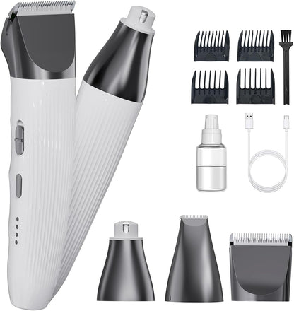 3-In-1Dog Hair Clippers Grooming Kit with Paw Trimmer- Rechargeable Cordless Quiet Nail Grinder Shaver with 4 Guide Combs for Grooming Small Medium Pets on Body,Paws, Face, Ears (White)