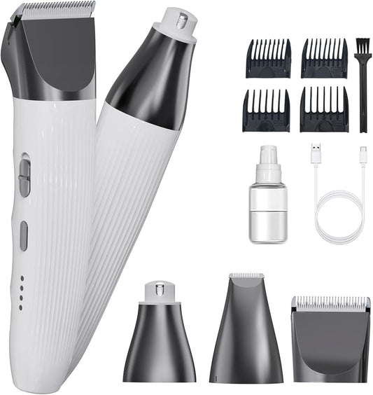 3-In-1Dog Hair Clippers Grooming Kit with Paw Trimmer- Rechargeable Cordless Quiet Nail Grinder Shaver with 4 Guide Combs for Grooming Small Medium Pets on Body,Paws, Face, Ears (White)