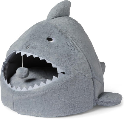 Shark Shape Cat House for Indoor Cats, Enclosed Design Helps Reduce Anxiety in Nervous Pets, with Washable Cushioned Pillow, 17" X 16" X 14", Grey